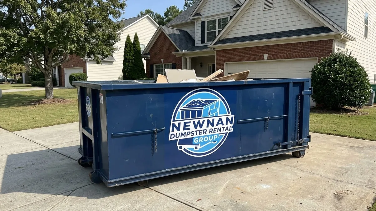 Dumpster rental in Newnan, GA Newnan Dumpster Rental roll-off dumpster being delivered to a Newnan, Georgia driveway